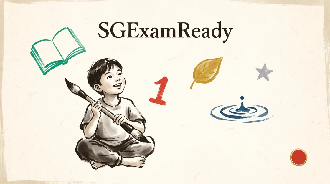 SGExamReady — a child with a calligraphy brush and the five learning elements, painted in ink
